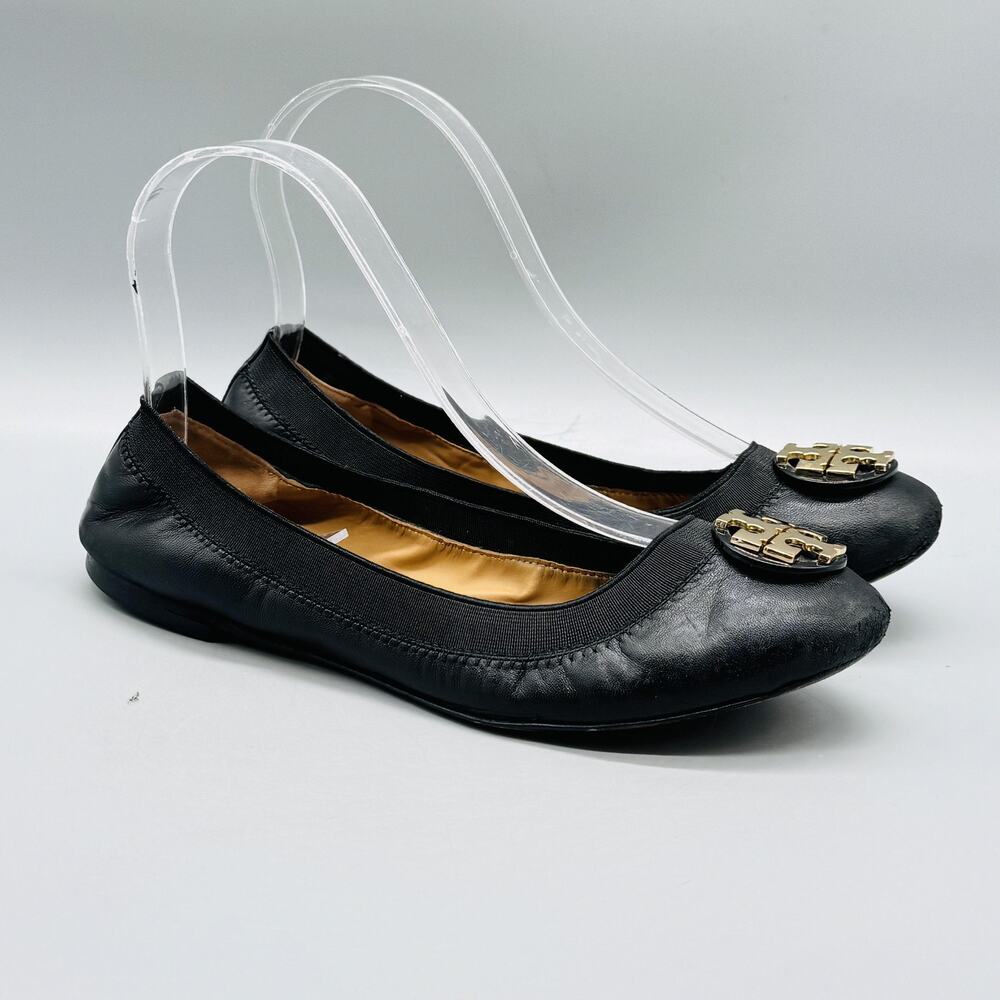 Tory Burch Shoes Womens 6 Black Leather Reva Ballet Flats Gold Logo Slip On